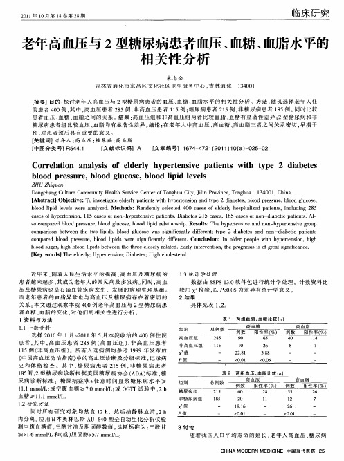 老年高血压与2型糖尿病患者血压、血糖、血脂水平的相关性分析