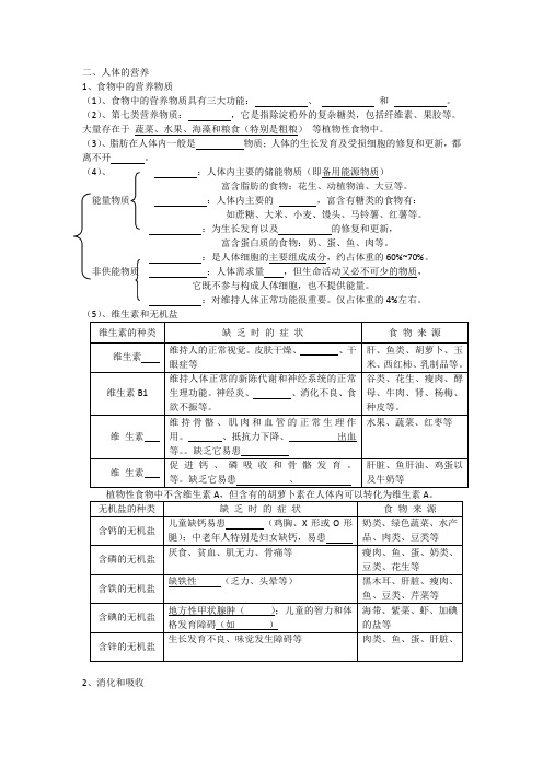 2017年七年级生物下册第二章基础知识填空及课后习题