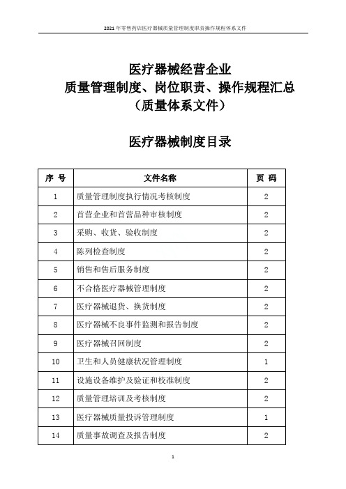 2021年零售药店医疗器械质量管理制度职责操作规程体系文件