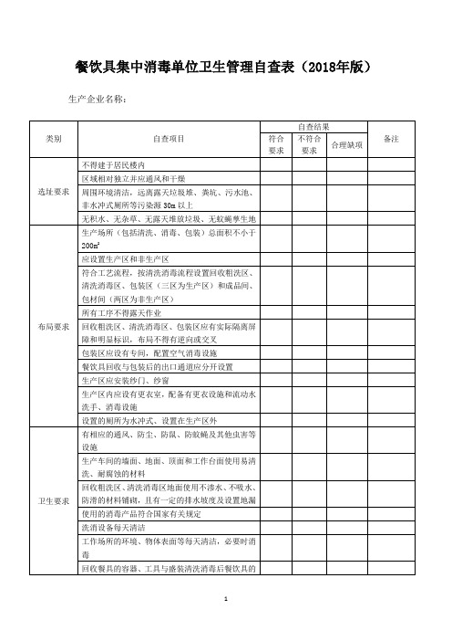 餐饮具集中消毒单位卫生管理自查表(2018年版)