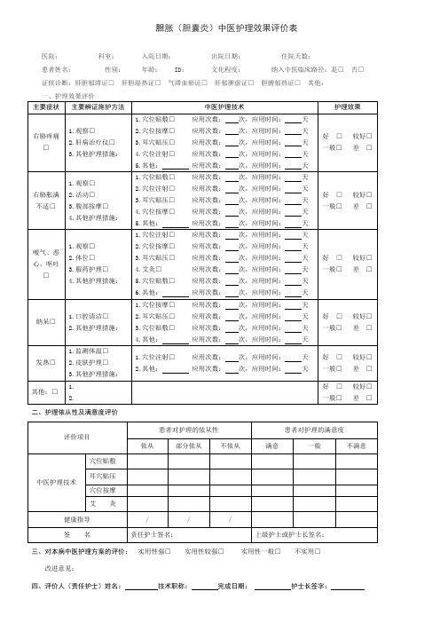 胆胀(胆囊炎)中医护理效果评价表