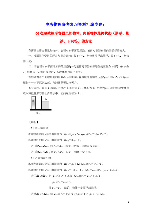 上海市2020中考物理备考复习资料汇编专题5压强计算题(培优题)判断是否有液体溢出的方法(二)(含答案)