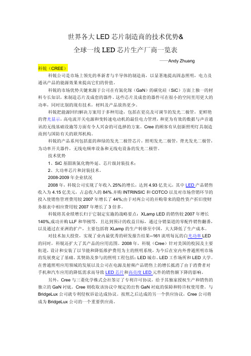 世界各大LED芯片制造商的技术优势全球一线LED芯片生产厂商一览表