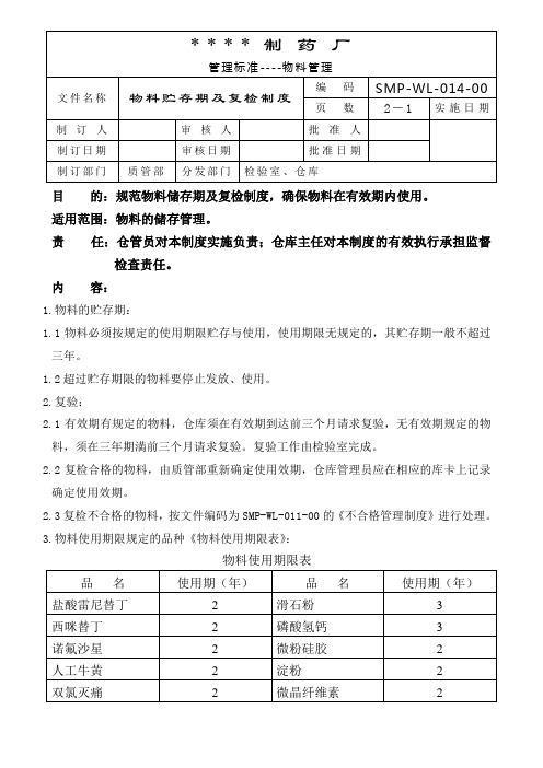 药企物料贮存期及复验制度