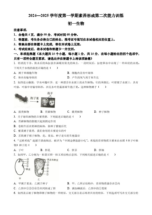 山西省临汾市部分学校2024-2025学年七年级12月月考生物学试题(含答案)