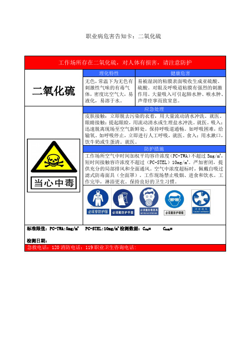 职业病危害告知卡：二氧化硫