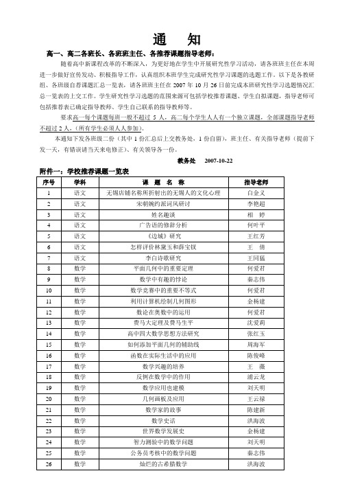 高一、高二各班长、各班班主任、各推荐课题指导老师