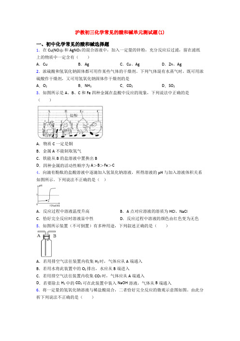 沪教初三化学常见的酸和碱单元测试题(1)