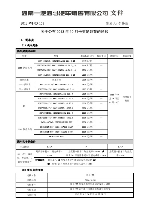 海马汽车2013年10月关于奖励政策的通知