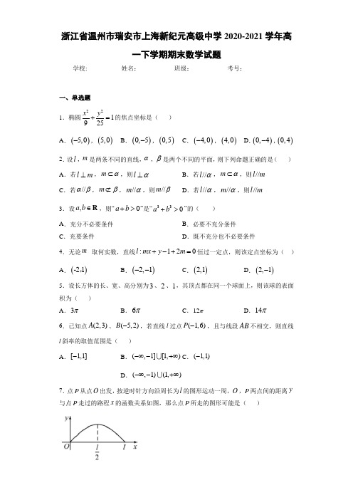 浙江省温州市瑞安市上海新纪元高级中学2020-2021学年高一下学期期末数学试题