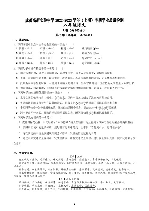 四川省成都高新实验中学2022-2023学年八年级上学期期中语文试题