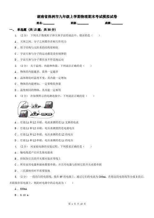 湖南省株洲市九年级上学期物理期末考试模拟试卷