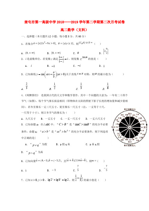 新疆奎屯市第一高级中学2018_2019学年高二数学下学期第二次月考试题文