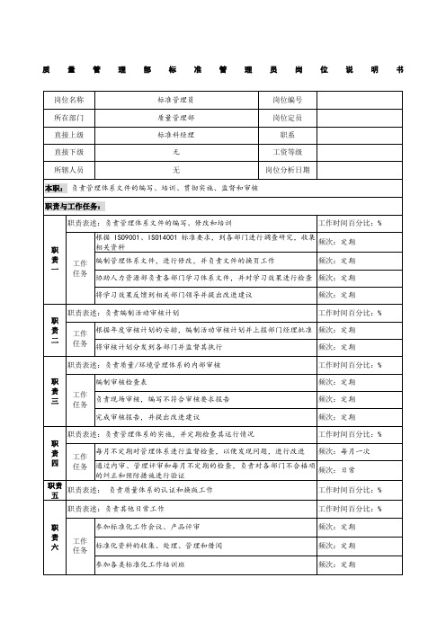 制鞋企业质量管理部标准管理员岗位说明书