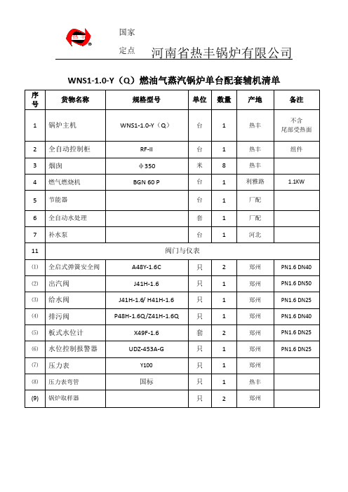 WNS1-1.0-Y(Q)吨燃气蒸汽锅炉清单参数-