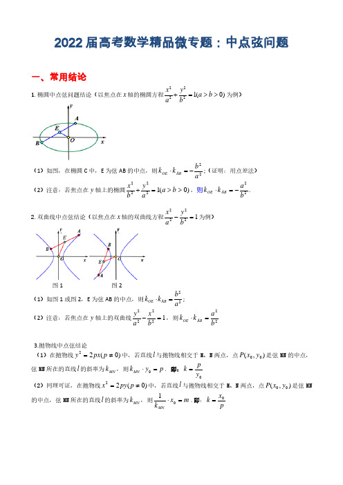 2022届高考数学精品微专题：中点弦问题