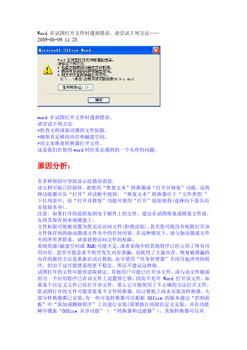 Word 在试图打开文件时遇到错误