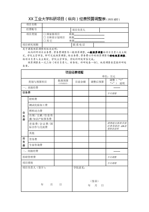 大学科研项目(纵向)经费预算调整表