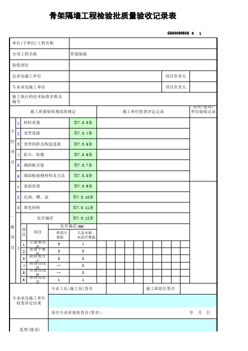 骨架隔墙工程检验批质量验收记录表GD24030502