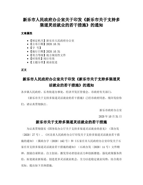 新乐市人民政府办公室关于印发《新乐市关于支持多渠道灵活就业的若干措施》的通知