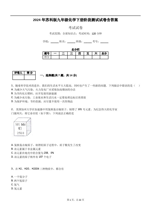 2024年苏科版九年级化学下册阶段测试试卷含答案