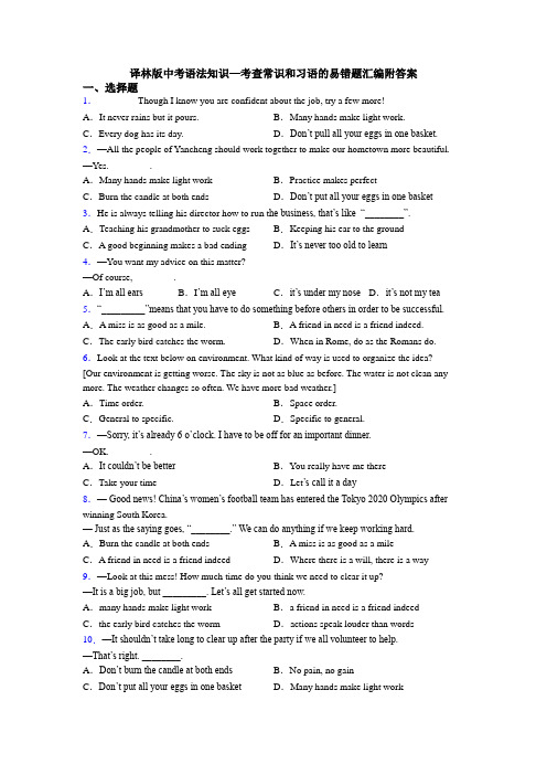 译林版中考语法知识—考查常识和习语的易错题汇编附答案