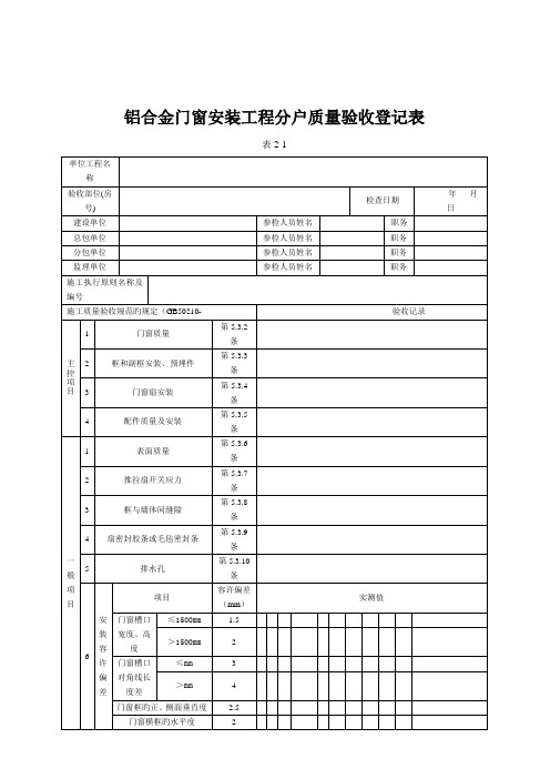 铝合金门窗安装关键工程分户质量验收记录表