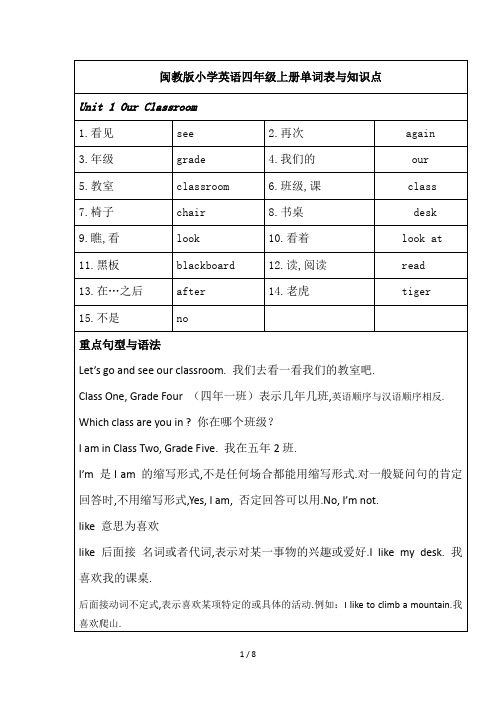 最新闽教版小学英语四年级上册单词表与知识点