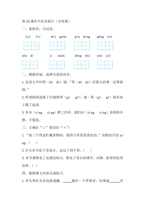 部编版三年级语文上册第10课在牛肚里旅行--测试题(预习单、练习题)含答案