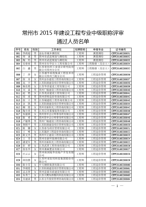 常州2015年建设工程专业中级职称评审