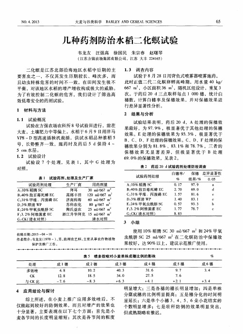 几种药剂防治水稻二化螟试验