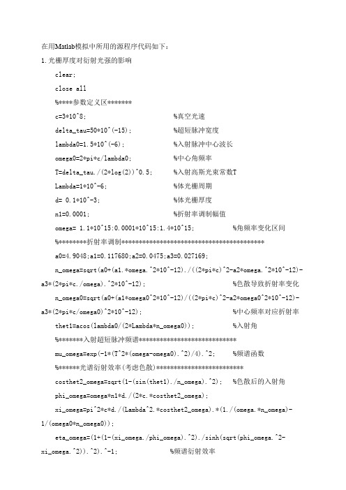 基于MAtlab的超短脉冲经反射型体光栅后的光束传输特性分析源程序