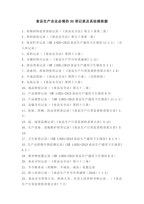 食品生产企业必填的30项记录及其法规依据