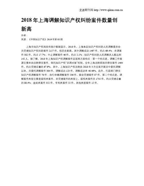2018年上海调解知识产权纠纷案件数量创新高