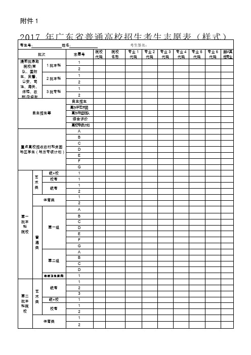 广东省普通高校招生考生志愿表样式