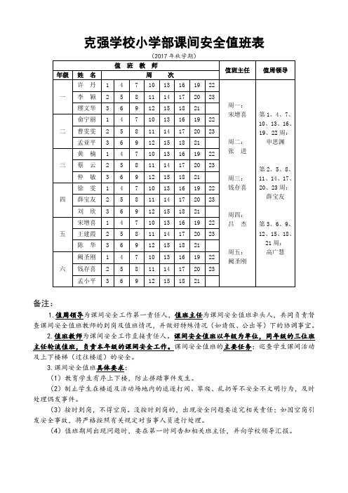 克强学校小学部课间安全值班表