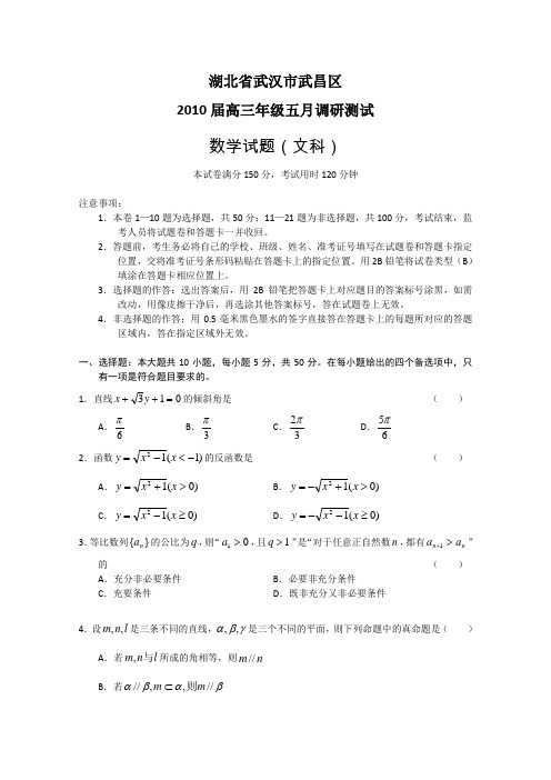 湖北省武汉市武昌区2010年高三五月调研测试(数学文)word版