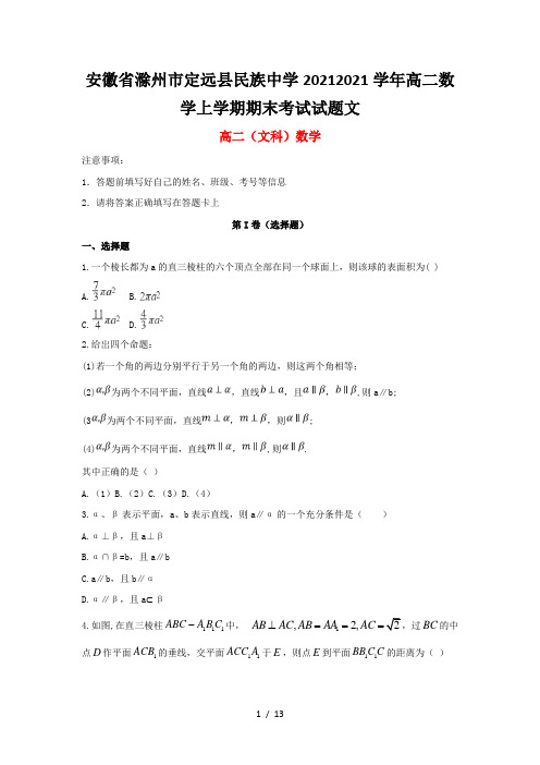 安徽省滁州市定远县民族中学2020-2021学年高二数学上学期期末考试试题文