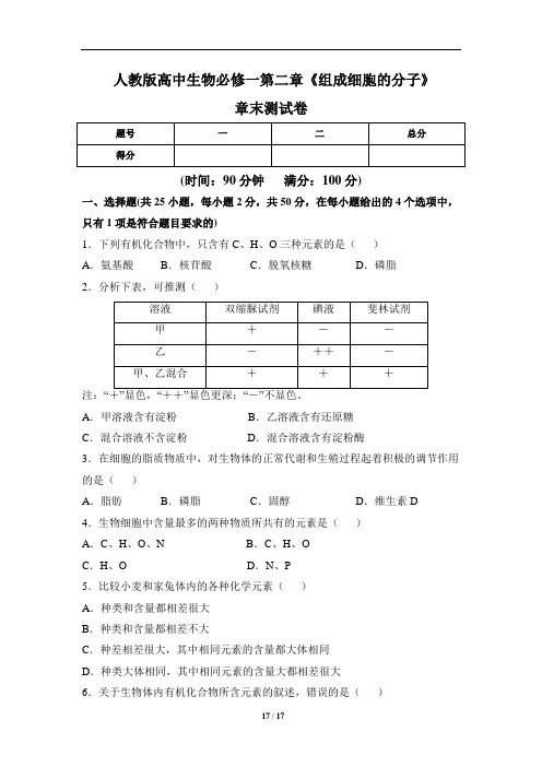 人教版高中生物必修一第二章《组成细胞的分子》章末测试卷(含两套题)