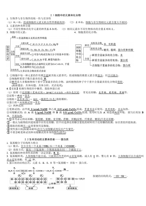 必修1第2章 组成细胞的分子-高考生物一轮复习知识清单