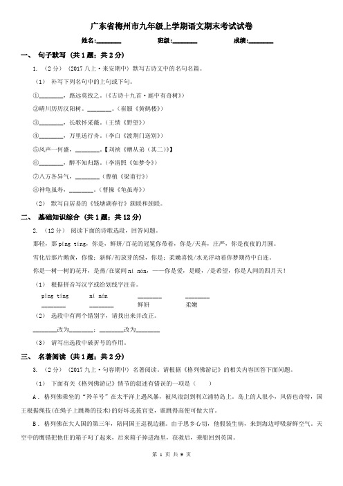 广东省梅州市九年级上学期语文期末考试试卷