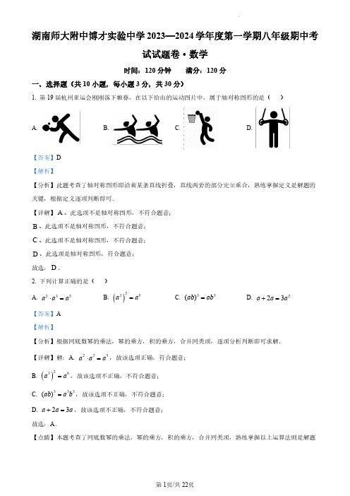 湖南省长沙市岳麓区湖南师大附中博才实验中学2023-2024学年八年级上学期期中数学试题(解析版)