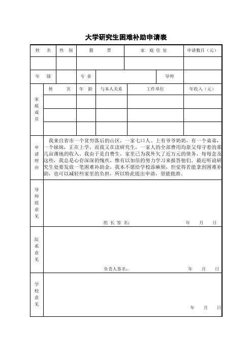 大学研究生困难补助申请表