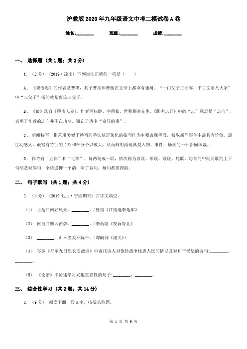 沪教版2020年九年级语文中考二模试卷A卷