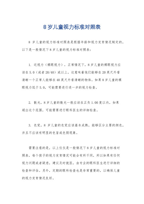 8岁儿童视力标准对照表