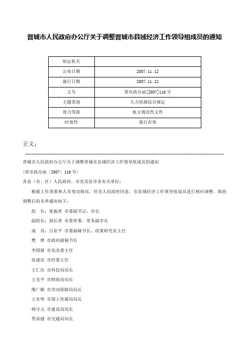 晋城市人民政府办公厅关于调整晋城市县域经济工作领导组成员的通知-晋市政办函[2007]116号