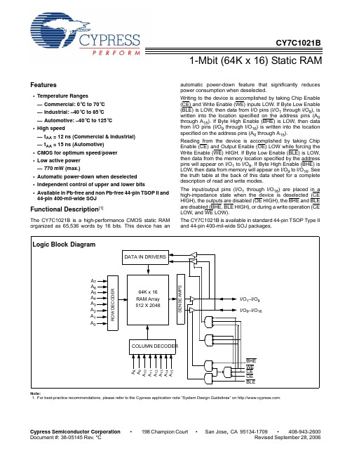 赛普拉斯半导体 CY7C1021B-15VXC 数据表说明书