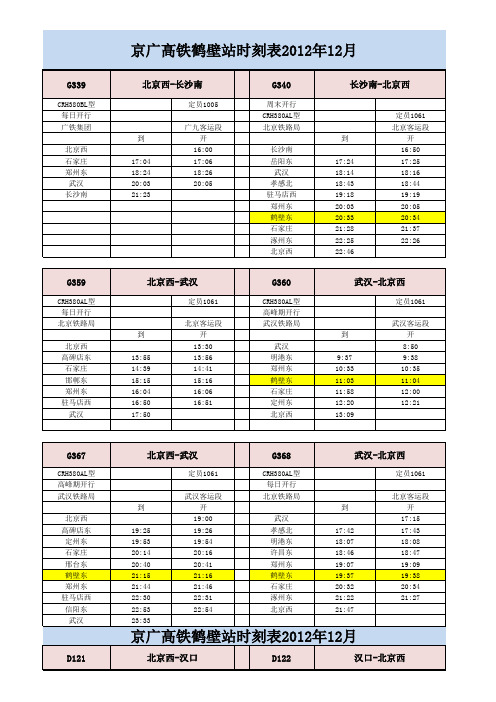 鹤壁京广高铁时刻表2012.12