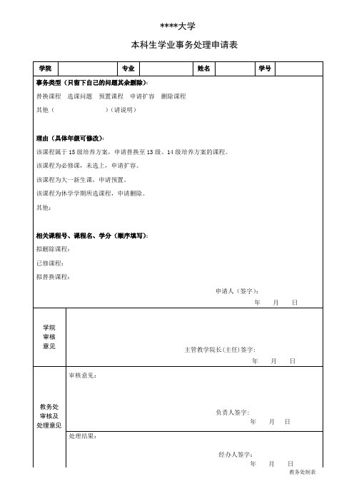 对外经济贸易大学本科生学业事务处理申请表【模板】