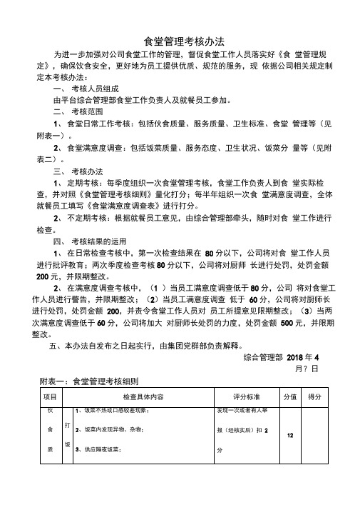 食堂考核标准及考核办法